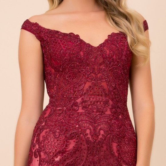 NEW LONG OFF THE SHOULDER SLEEVELESS CHIFFON DRESS EMBROIDERED WITH LACE NX J325 - Picture 4 of 8